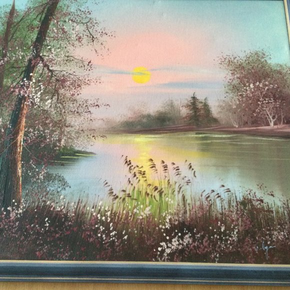 Original landscape painting on canvas lake side signed professionally framed - Picture 11 of 12